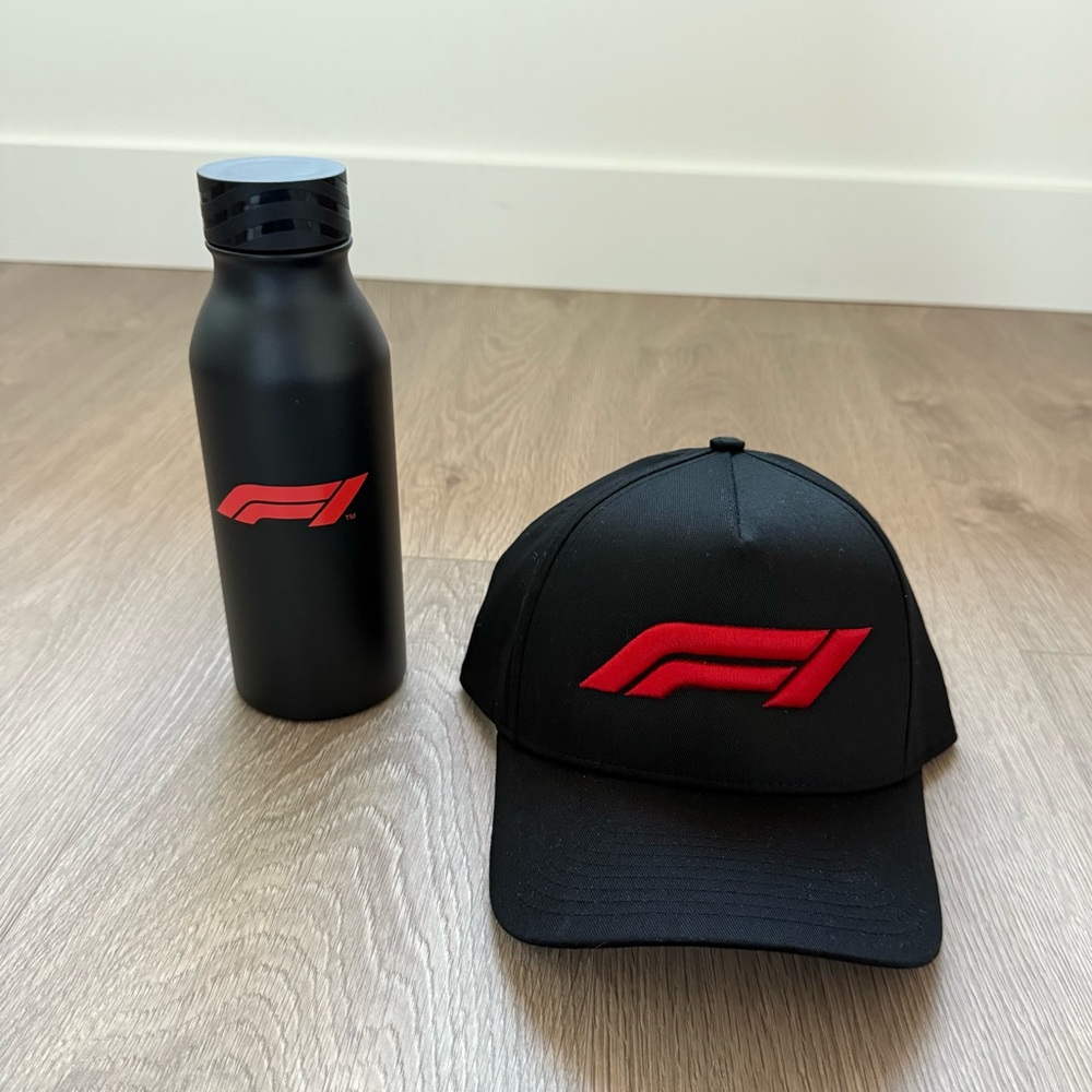 🆕 F1 Formula 1 Black with Red Embroidery Unisex Hat Cap & Stainless Steel Bottle